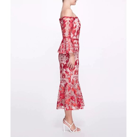 Marchesa Notte Women Red Pink Embroidery Tea Length Dress Off Shoulder Sz 6 2569 - Picture 9 of 16
